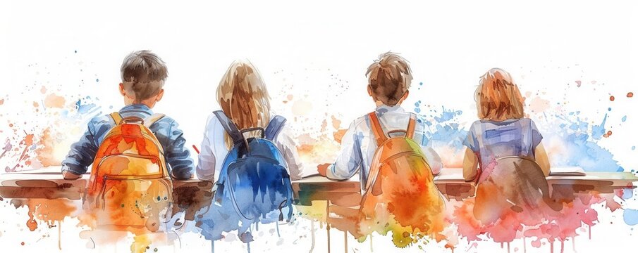 School support program, aiding underprivileged students, inclusive education, Watercolor style, white background