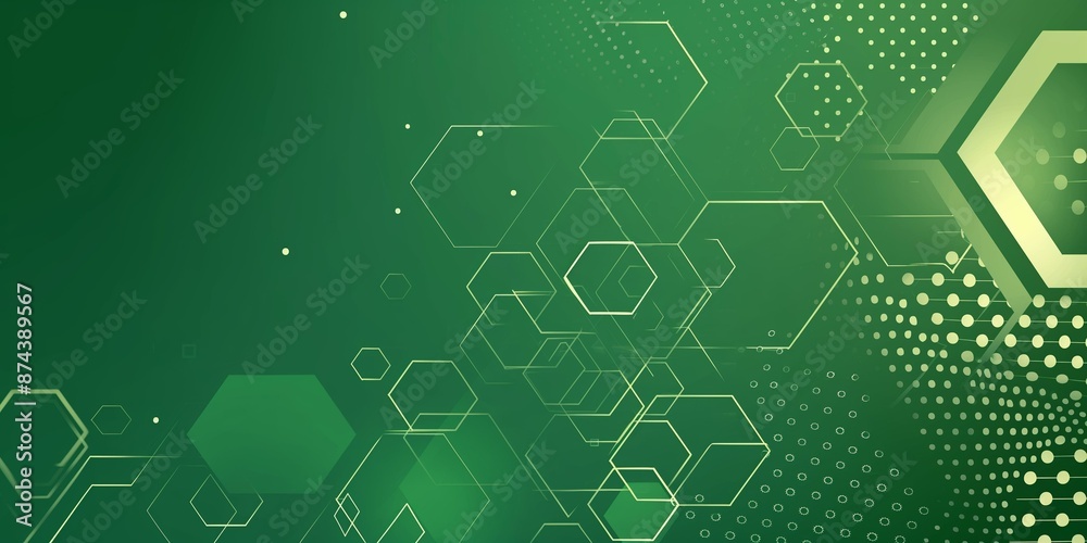 Poster an abstract background featuring a gradient of green with overlapping geometric shapes and hexagonal