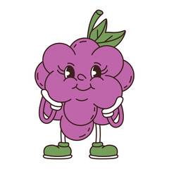 Retro groovy funny fruit. Naughty anthropomorphic character grape on white background. Vector flat illustration