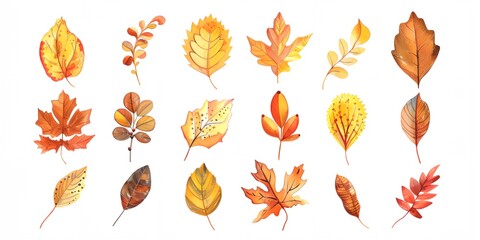 A collection of watercolor leaves in various sizes and shapes. The leaves are all different colors, with some being more vibrant than others