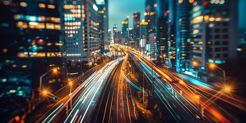 Obraz premium Futuristic city with advanced technology bustling streets and urban development. Concept Futuristic City, Advanced Technology, Bustling Streets, Urban Development, Modern Architecture