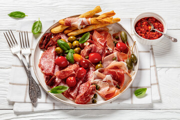 italian antipasto plate of cured meat and veggies