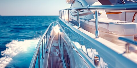 Obraz premium A boat is sailing in the ocean with a blue sky in the background. The boat is white and has a railing along the side