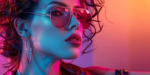 Fototapeta premium A woman with long hair and sunglasses is standing in front of a colorful background. Concept of glamour and sophistication, as the woman is dressed in a stylish outfit and is wearing sunglasses