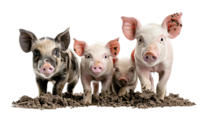 Four pigs are standing in a muddy field