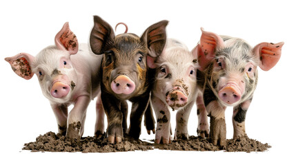 Four pigs are standing in a muddy field