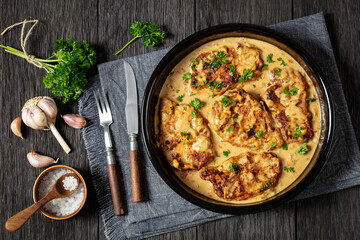 creamy smothered pork chops cooked in onion gravy