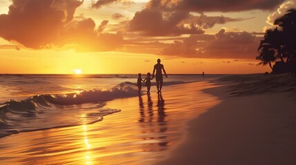 Fototapeta premium Sunset Serenity:Family Enjoying Tropical Beach Getaway