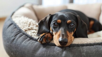 Dog resting in his bed: A charming dachshund gazes from its soft bed, the perfect combination of comfort and ease in this relaxed scene.
