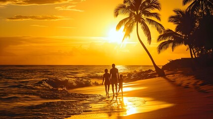 Fototapeta premium Tranquil Tropical Getaway with Family at Sunset-Filled Beach