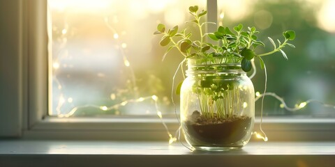 Plants in a glass jar terrarium illuminated by string lights on a wooden windowsill. Concept Indoor Gardening, DIY Terrarium, Window Decor, String Light Ideas, Plant Enthusiast