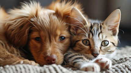 A close-up of a puppy and a kitten cuddling together on a cozy blanket