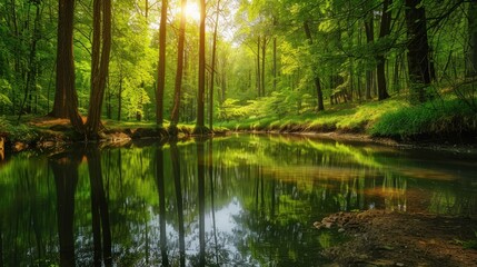 A serene lake surrounded by trees with a bright sun shining on the water. Generate AI image
