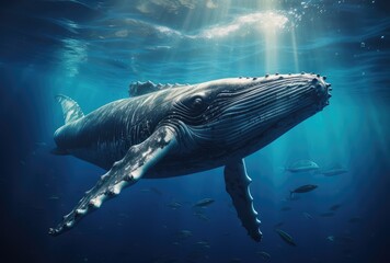 Whale swimming in blue ocean. Underwater world. 3d rendering