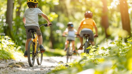 Children riding bikes on a forest trail, enjoying an outdoor adventure in Summer sunlight.