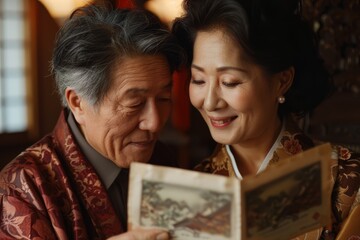 Fototapeta premium An Asian man surprises his wife with a first-class plane ticket tucked inside a delicate silk envelope. Both share a look of excitement