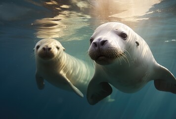 Couple of seals swimming underwater in the ocean. This is a 3d render illustration