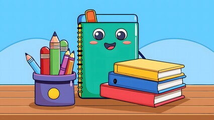 Naklejka premium Back to school, some pens and stationery supplies are on the table illustration