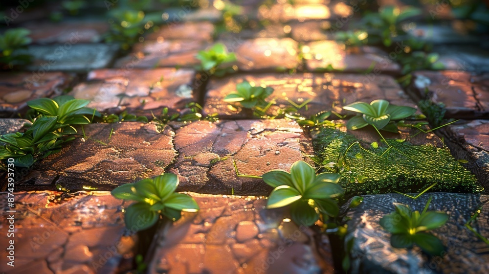 Wall mural old brick walkway with green plant in the garden at sunset.