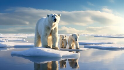 Polar bear (Ursus maritimus) mother and cub on the pack ice, north of Svalbard Arctic Norway