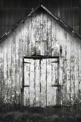 Rustic Weathered Wooden Barn with Peeling Paint in Black and White