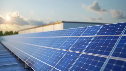 Obraz premium Solar panels installed on a recycling facility roof, Realistic, Natural and blue tones, Detailed solar panels and building
