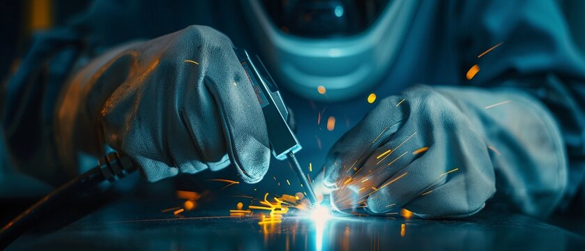 Person practicing welding in a vocational training center, Realistic, Natural and metallic tones, Detailed welding and equipment