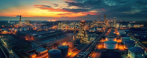 Expansive industrial site viewed from a high angle, evening light creating rich contrasts and shadows, wide-angle shot capturing the details