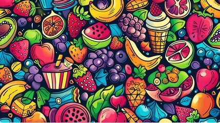 Cartoon doodle style food festival with whimsical characters and vibrant colors