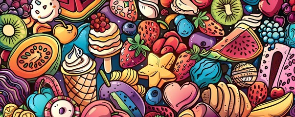 Whimsical food festival background with cute desserts and hand-drawn style