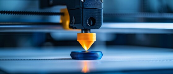 Closeup of a 3D printer creating objects from recycled plastic, Realistic, Natural and blue tones, Detailed printer and object