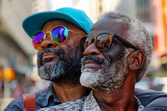 Portrait couple of gay black older men looking at the horizon. LGBT senior love concept