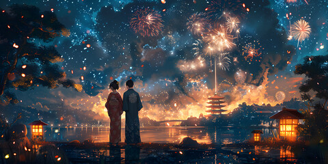 Romantic Japanese couple in yukata enjoying fireworks festival in Tokyo at night, summer love and traditional attire.