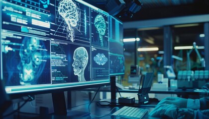 A Scientist Working on a 3D Model of a Human Brain on a Computer Screen in a Modern Laboratory