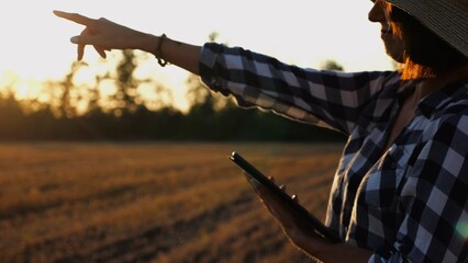 Female agronomist using digital tablet at wheat meadow at dusk. Farmer monitoring harvest at barley...