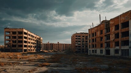 View of abandoned buildings in after apocalypse scene, old dusty towers under cloudy sky