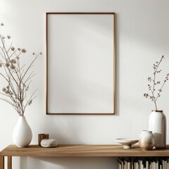 Empty Frame Above Wooden Table With Minimalist Decor and Natural Light