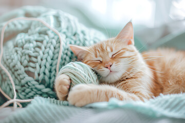 Obraz premium cat sleeping on a pillow with cute ball