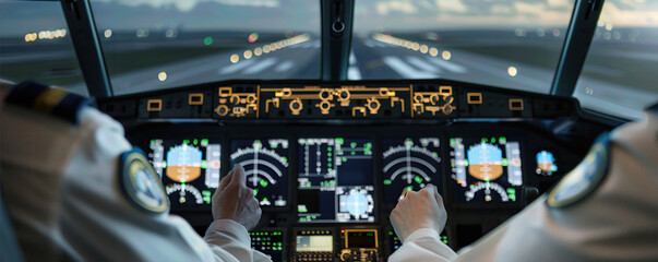 Close-up view of pilots' hands and avionics in an aircraft cockpit, preparing for takeoff on a runway at dusk.