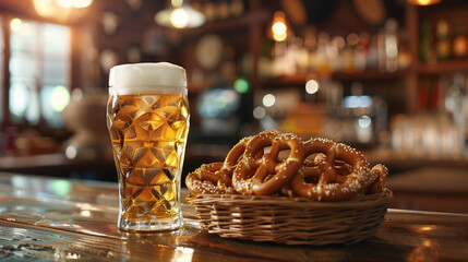 Casual setting with beer and pretzels, featuring a cold glass of beer and a basket of salted pretzels, placed on a wooden bar counter with soft, warm lighting