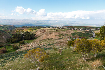 Landscape with Roman ruins in Pella, North Jordan, Jordan, Middle East