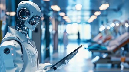 robot doctor in a hospital room with a tablet in his hands against the background of the hospital room. The concept of future technologies.