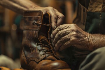 Shoemaker is lacing up a brown leather boot, showcasing the craftsmanship and attention to detail involved in shoemaking