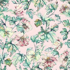 Chic Floral Geometric Pattern with Dark Blue Outline and Pink Petals