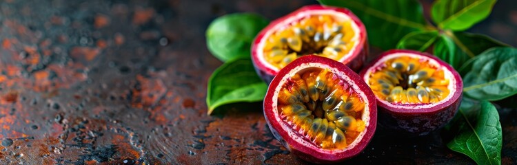 Fresh Passion Fruit Slices With Green Leaves on Rustic Wooden Table