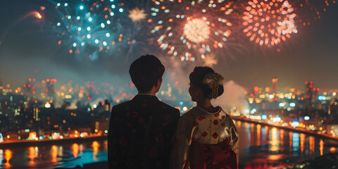 Romantic Japanese couple in yukata enjoying fireworks festival in Tokyo at night, summer love and traditional attire.