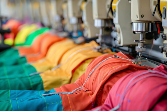 Row of automated sewing machines assembling colorful clothes in a garment factory