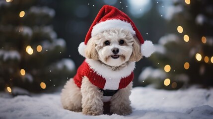 Portrait of a dog in Santa hat. Christmas background.