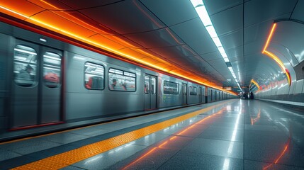 Fototapeta premium Modern subway station with a sleek train, illuminated with vibrant orange and white lights, showcasing urban transportation and architecture.