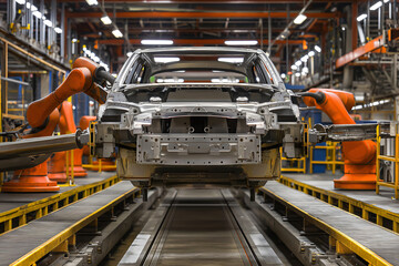 Fototapeta premium Robotic arms assemble car body frame in modern factory, showcasing tech integration and innovation in automotive industry